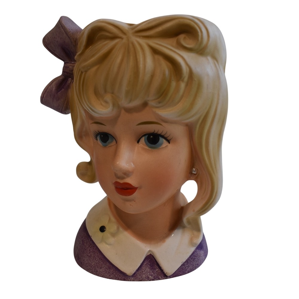 Relpo Head Vase K2068 Girl Purple Bow Blonde Hair Excellent Vintage Japan
